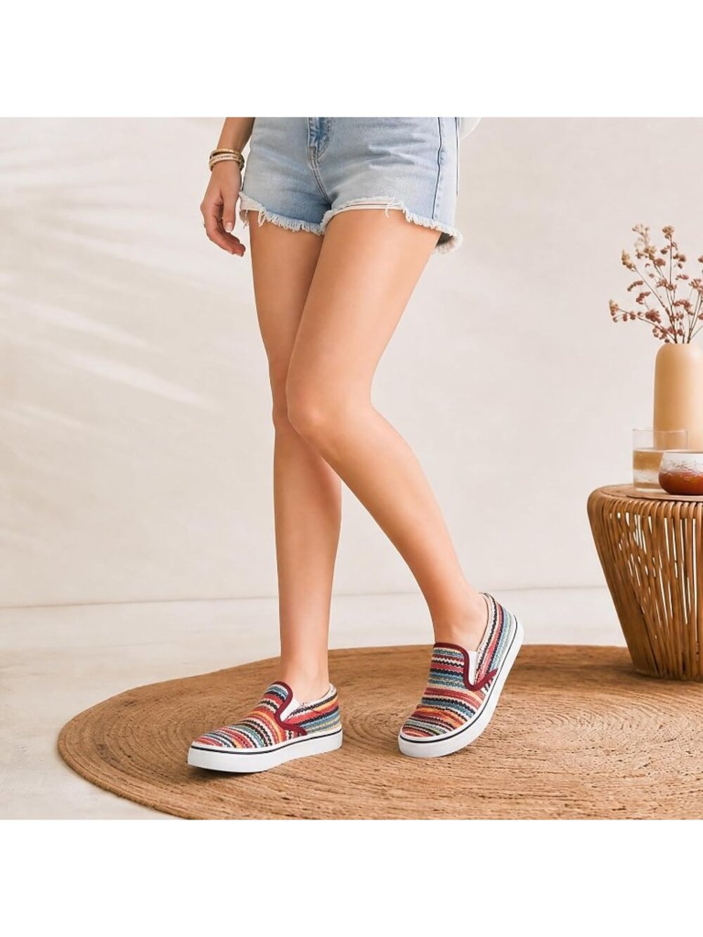 Women Boho Stripe Multi Comfortable Low Top Canvas Slip on Loafer Sneaker Shoes - Picture 3 of 6